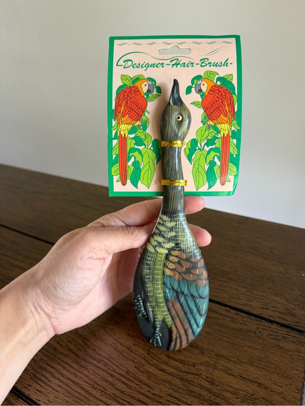 Wild! Lacquer Painted Parrot and Duck Designer Hairbrush NEW Vintage